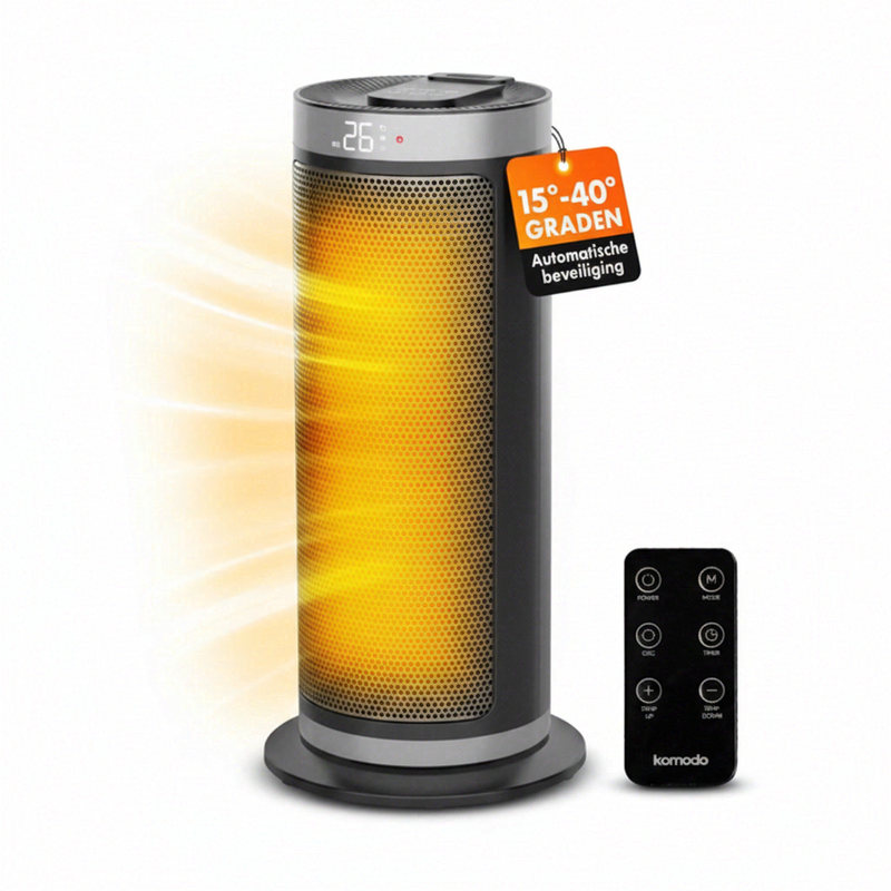 Komodo Cozi+ Keramik-Heizlüfter – 750 W/1500 W/2000 W, 25 m² Abdeckung, 15–40 °C, 90°-Oszillation, Eco-Modus, Fernbedienung, IP66, Schwarz