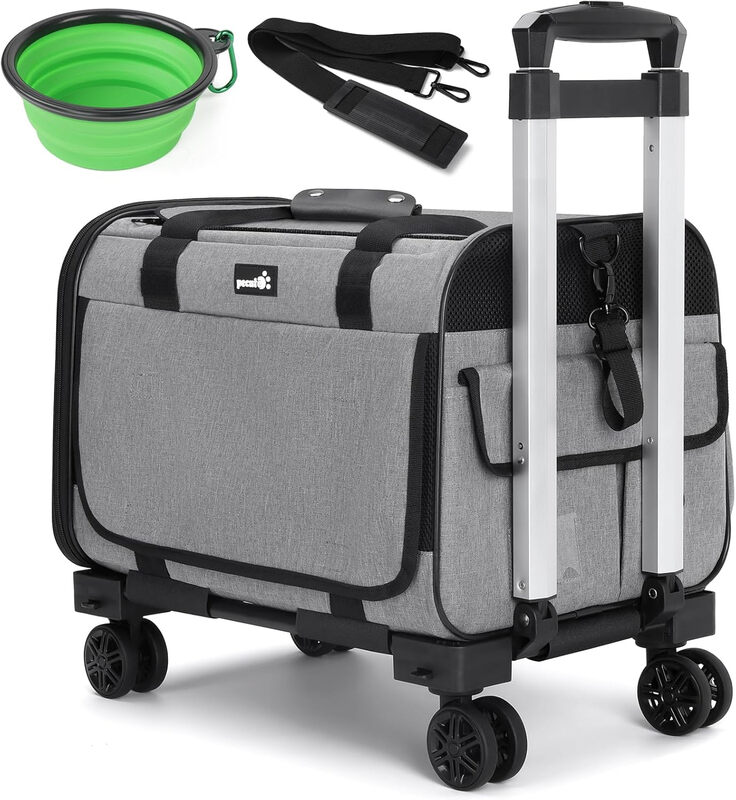 Cat Carrier with Wheels， Pet Travel Carrier with Sunshade， Aluminum Alloy Tie Rod Sil