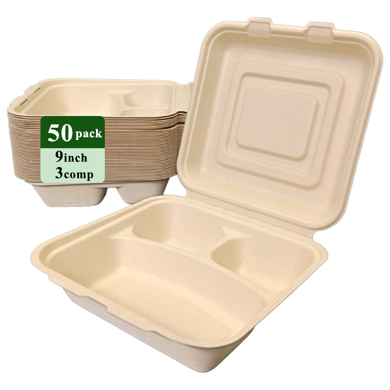 Ruibamboo disposable bamboo fiber clamshell 9 inches 3-comp 50pack