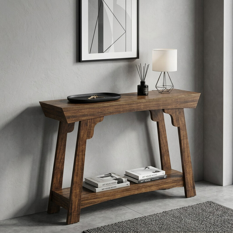 Konsolentisch 105 cm mit Stauraum, 2-stufiger Holztisch mit Regal, schmaler Landhausstil-Sofatisch hinter der Couch für Diele, Flur, Wohnzimmer, Rustikal Braun