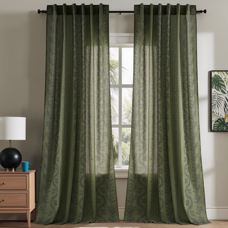 PONY DANCE Blumen-Vorhänge für Wohnzimmer, Olivgrün mit schwarzem Blatt-Blumenmuster, Kunstleinen, lichtdurchlässig, Sichtschutz, Retro-Cottage-Stil mit Wellenstreifen, 2 Paneele, B 132 × L 245 cm