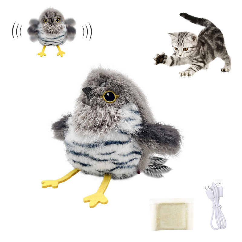 Chubby Chirpie Grey Interactive Cat Toy with Realistic Bird Movements and USB-C Charg
