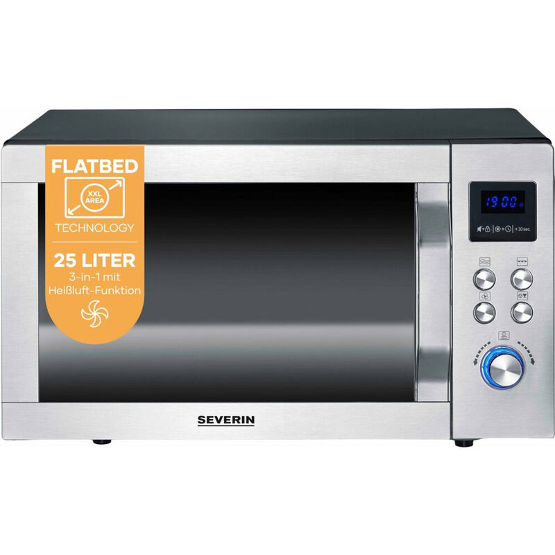 Severin 3-in-1 Mikrowelle mit Glasboden, Grill- und Heißluftfunktion, Mikrowelle mit großer Nutzfläche für quadratische Gerichte, Edelstahl / Mattschwarz, MW 7777