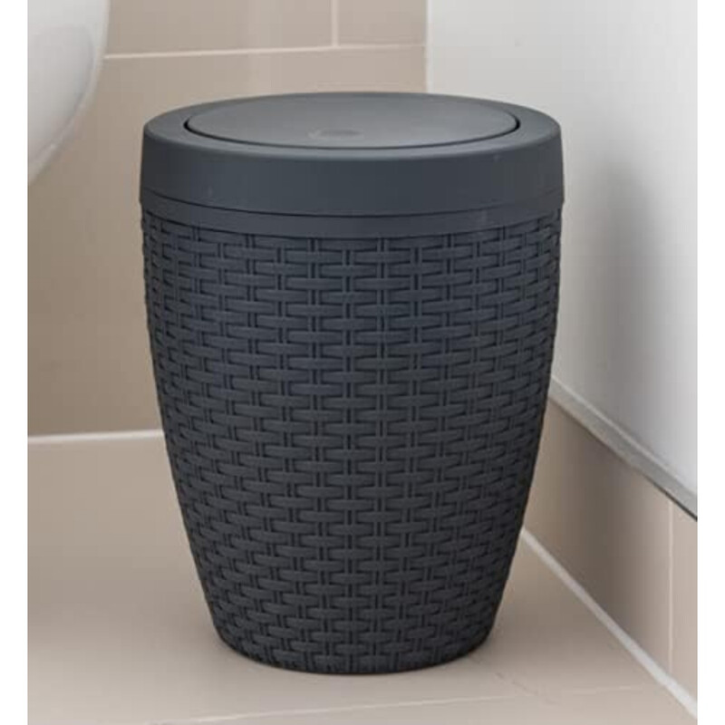Addis Rattan Effect Round Swing Lid Bathroom Bin - Charcoal