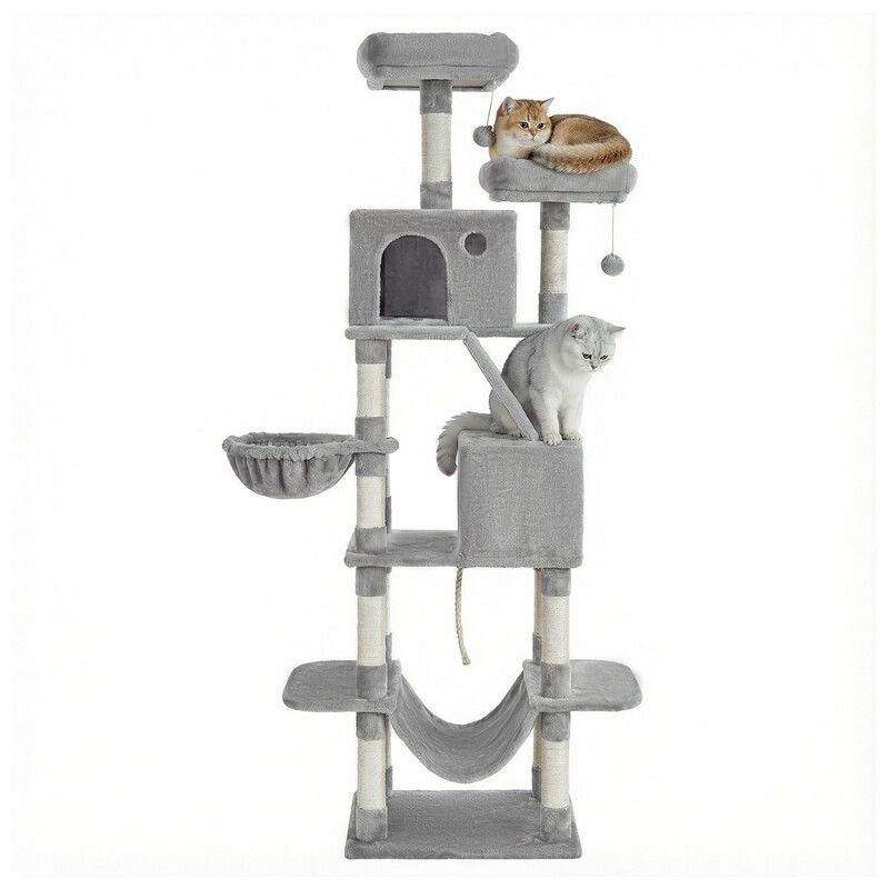 grote XXL-krabpaal, 206 cm hoog, met 13 krabstammen, 2 platforms, 2 krabholtes, mand, hangmat, pluche ballen, krabpaal met meerdere niveaus, lichtgrijs