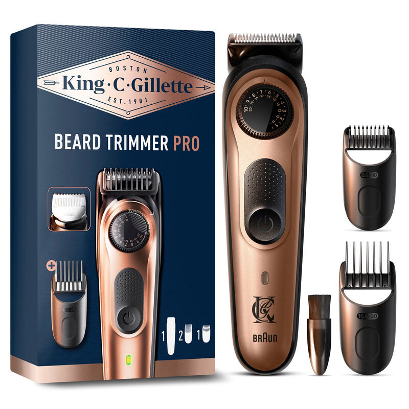 King C Gillette kabelloser Barttrimmer PRO für Männer mit 40 Längeneinstellungen. 1 Trimmer, 1 Präzisionstrimmer, 1 Reinigungsbürste, 4 auswechselbare Kammaufsätze, 1 Ladegerät
