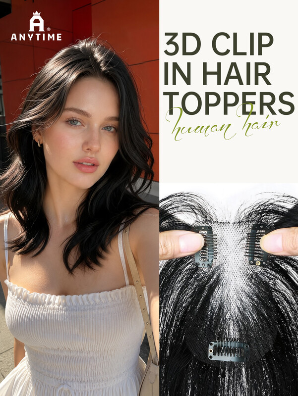 ANYTIME 100% menselijk haar topper voor vrouwen, 25 cm natuurlijk zwart 9x14 cm onzichtbare dunne linnen haarkap met middelste scheiding en curtain bangs, hoge pluizige top haarextensions voor dunner wordend haar