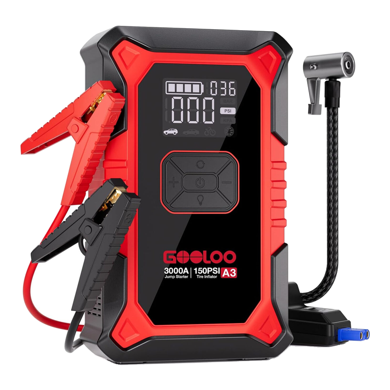Gooloo (Gooloo10) A3 Jump Starter Power Bank With Compressor, 3000 A 150 Psi Peak Current Starter Power Bank For 12 V Vehicles (Up To 9.0 L Petrol/6.5 L Diesel), Portable Car Jump Starter With Digital And Led
