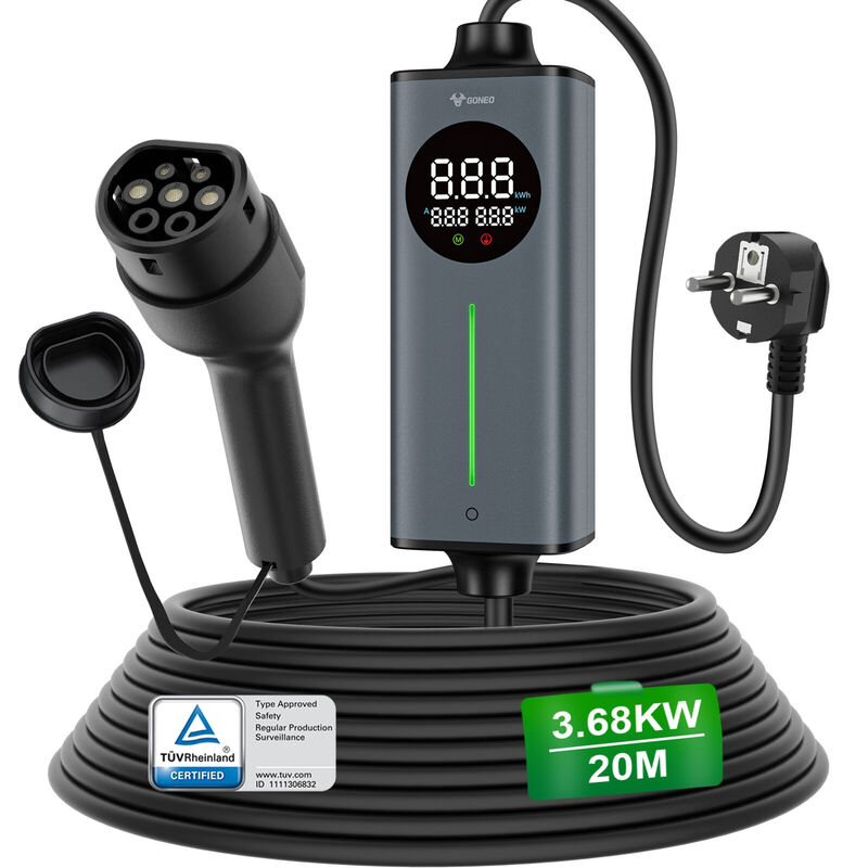 GONEO Tragbares Type-2-Ladegerät, Schuko-Stecker 16A 3.68kW mit RCD 30mA+6mA DC-Schutz, 20m Kabel, Timer & Energiesparfunktion, Umfassender Schutz, Plug & Play, für Zuhause und Reisen, Kompatibel mit allen IEC 62196-2 EVs und PHEVs