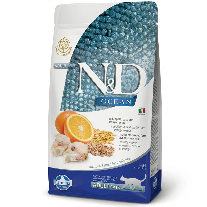 Farmina N&D Ocean Kabeljauw, Spelt, Haver en Sinaasappelsmaak Volwassen Kattenvoer 1,5 kg