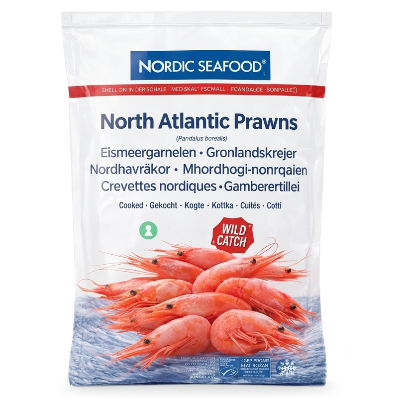 Nordic Seafood 1kg MSC Nordatlantikgarnelen mit Schale, gekochter Pandalus (netto 800g)