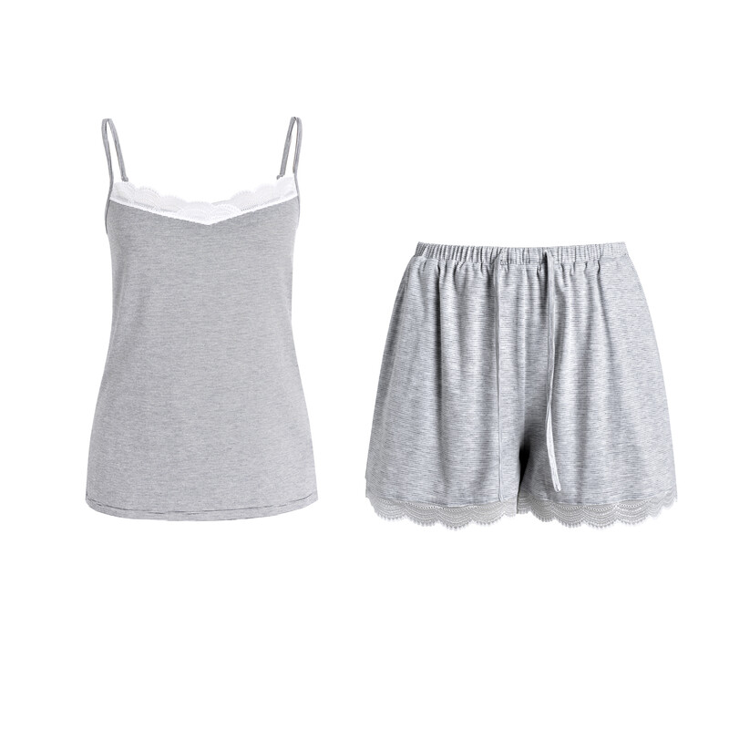 white wide lace v-neck dark grey knitted camisole and knitted shorts set S
