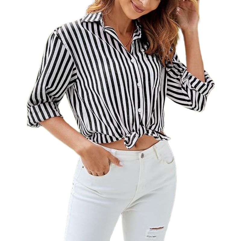 Women's Blouses Striped Long Sleeve Shirts Button Down Loose fit Casual Tops (black， 