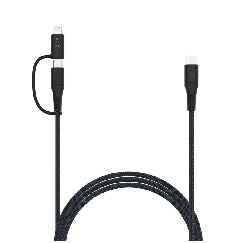 FIXED Câble USB-C vers USB-C tressé avec adaptateur Lightning, 3 m, Certifié MFi, Charge Rapide PD 60W, Gris
