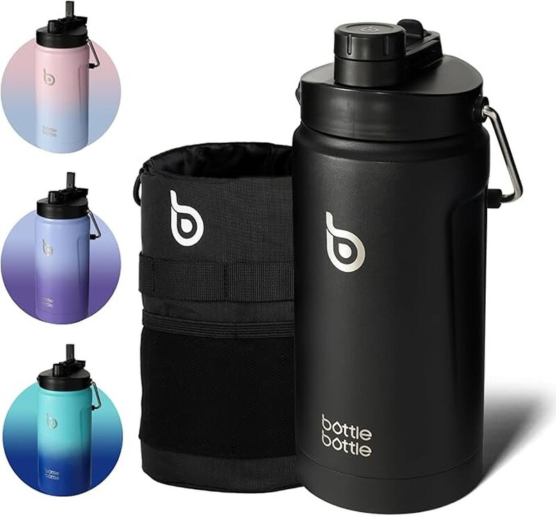 Bottle Bottle Sport-Trinkflasche aus Edelstahl, Thermobehälter mit Doppeldeckel und Griff, schwarz, 64 oz (1,8 l), Jahresstart-Aktion, Top-Geschenkideen