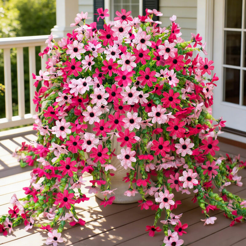 4 Stück 28,7 Zoll/72,8 cm Künstliche hängende Blumen für den Außenbereich, Dekoration mit künstlichen Pflanzen, farbenfrohe Gänseblümchen und Eukalyptus aus Kunstseide, realistisch für Außenbereich, Haus, Pflanzgefäß, Veranda, Terrasse, Garten (pink & r