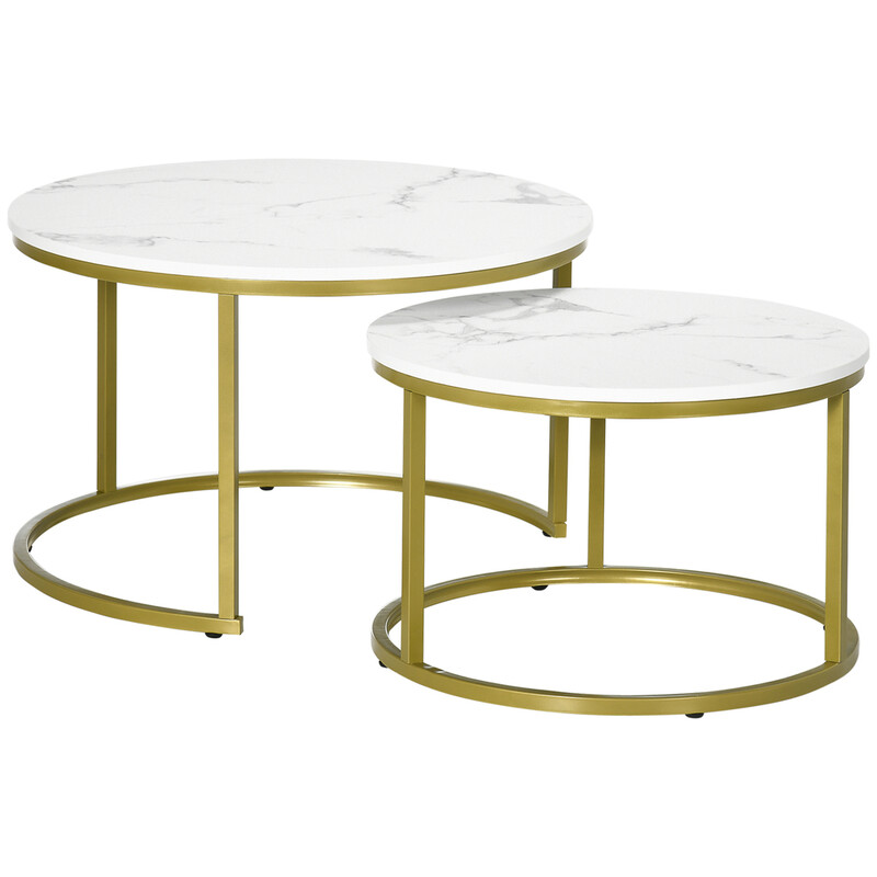 Coffee & Side Table Set Marble Round White/Gold