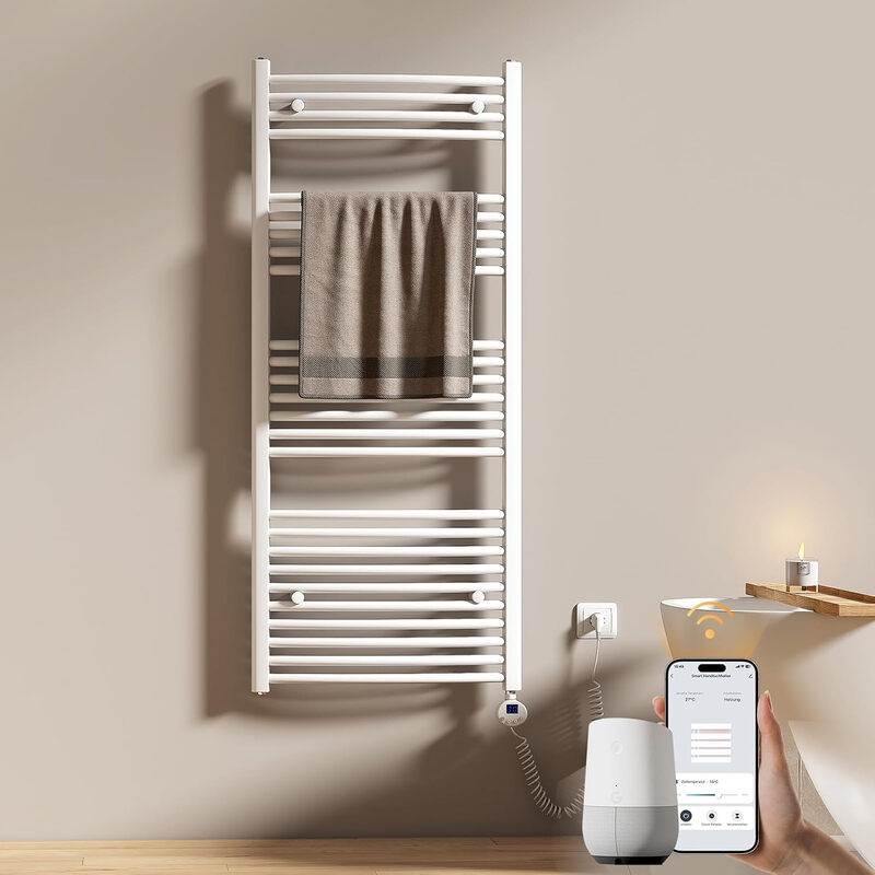EMKE WLAN Elektrischer Badezimmer-Heizkörper 1400 x 600 mm - Gebogener Handtuchheizkörper Elektrischer Handtuchwärmer Handtuchtrockner Handtuchheizkörper Badezimmer mit Thermostat und Heizstab - 600 W, Weiß