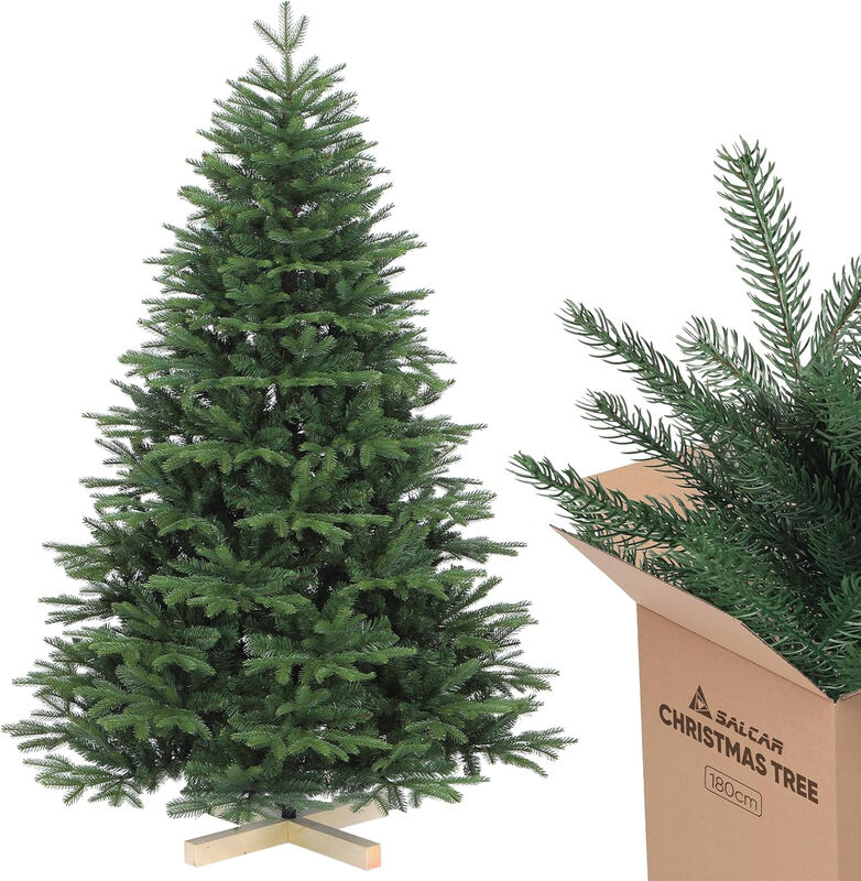 SALCAR Weihnachtsbaum künstlich 180 cm mit Holzständer, PE naturgetreue Spritzguss Elemente & PVC Nordmanntanne, 1,8 m Tannenbaum künstlich (Ø 122 cm)