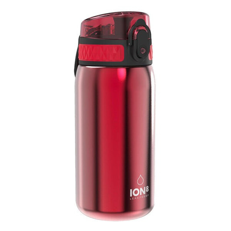 ION8 lichtgewicht roestvrijstalen waterfles voor kinderen, 400 ml/13 oz, niet geïsoleerd, lekvrij, eenvoudig te openen, veilige vergrendeling, vaatwasserbestendig, past in bekerhouders, draaggreep, metalen waterfles, metallic rood