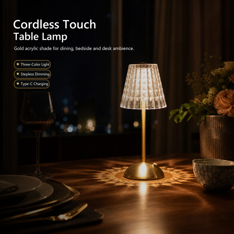 LED Tischlampe Kabellos, 3 Farben LED Dimmbare Nachttischlampe Tischlampe Touch, 1800mAh Vintage Schreibtischlampe, USB-C Aufladbar Nachtlicht für Wohnzimmer Schlafzimmer Gaststätte Bar Gold