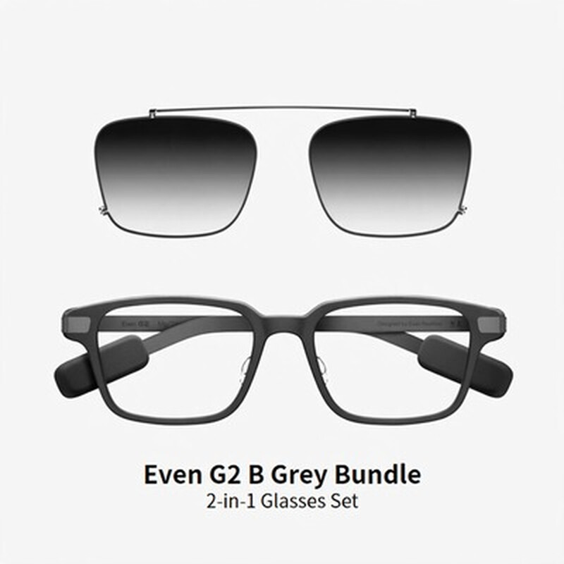 Even Realities - Even G2 B Grau (Rechteckig) + Clip & Pouch Grau Rechteckiges Bundle - Alltagliche Display-Smart-Glasses mit Clip-Sonnenblende, Kamerafrei, Datenschutz-First, 2-Tage-Akku, Leistungsstarke Funktionen zur Verbesserung Ihrer Sicht und zum Erm