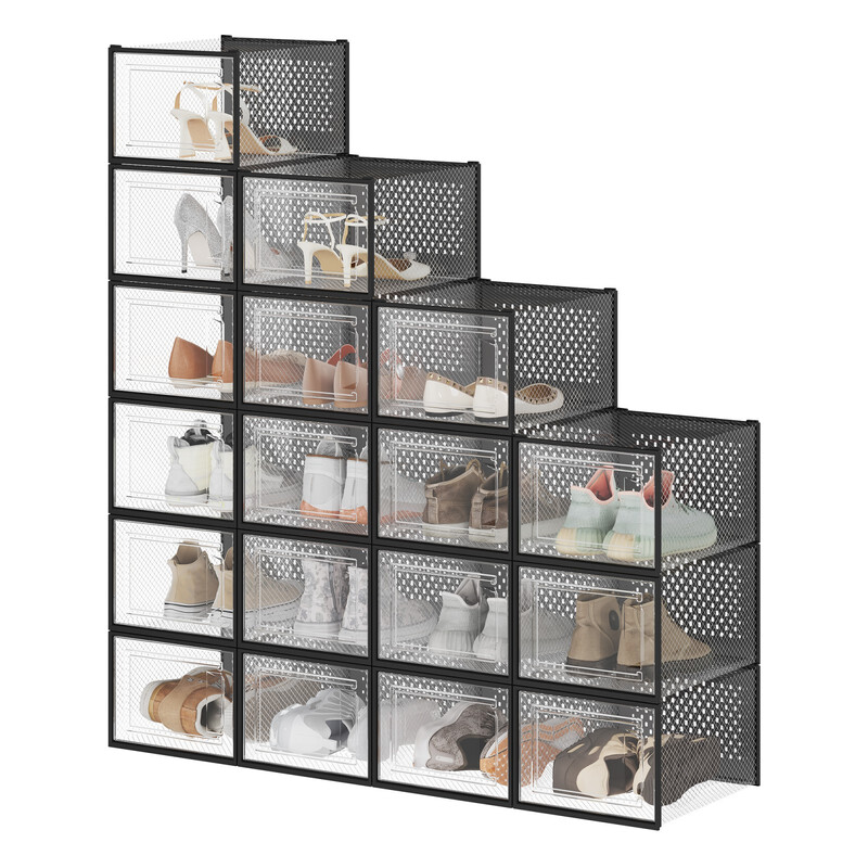 JOYFURNOS Shoe Boxes Set of 18, Clear Stackable Plastic Storage Organiser, 35 x 25 x 18.5 cm, Black