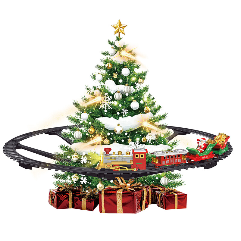 Kerst Elektrische Treinbaanset (49 Stuks) met Rode Lichtjes & Fluitgeluid, Ronde Klikbaan, Educatief Speelgoed Cadeau voor Kinderen vanaf 3 Jaar