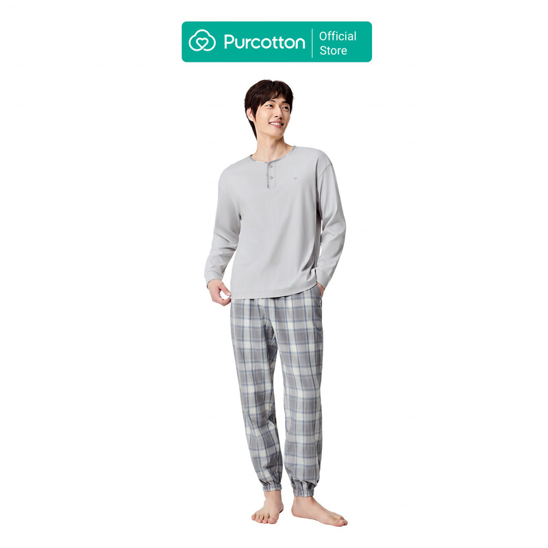 Men's Lustrous Cotton Top + Gauze Long Pants Loungewear Set, Moonlit Rock Gray, Top: UK 42 (X L); Bottom: UK 36 (X L)