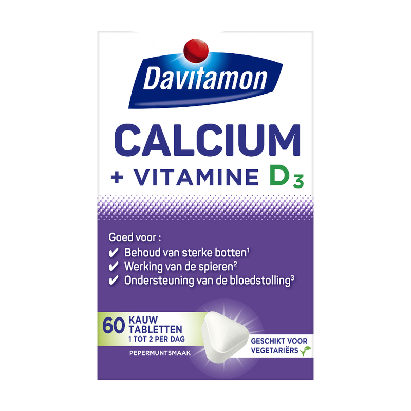Davitamon Calcium + Vitamine D – contribue au maintien d’une ossature normale – 60 comprimés à croquer à la menthe poivrée