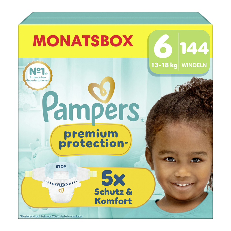 Pampers Premium Protection Windeln Größe 6 (13-18kg) - Monatsbox mit 144 Stück Windeln für zuverlässigen Schutz