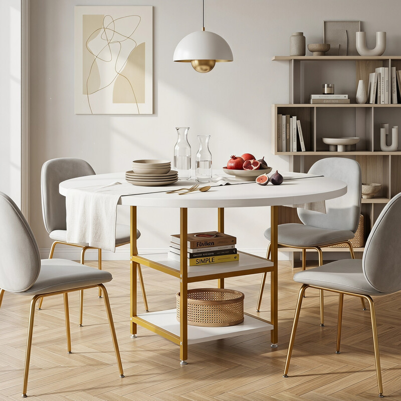 Esstisch Rund, 120 cm, Küchentisch mit Ablage, Weiß & Gold