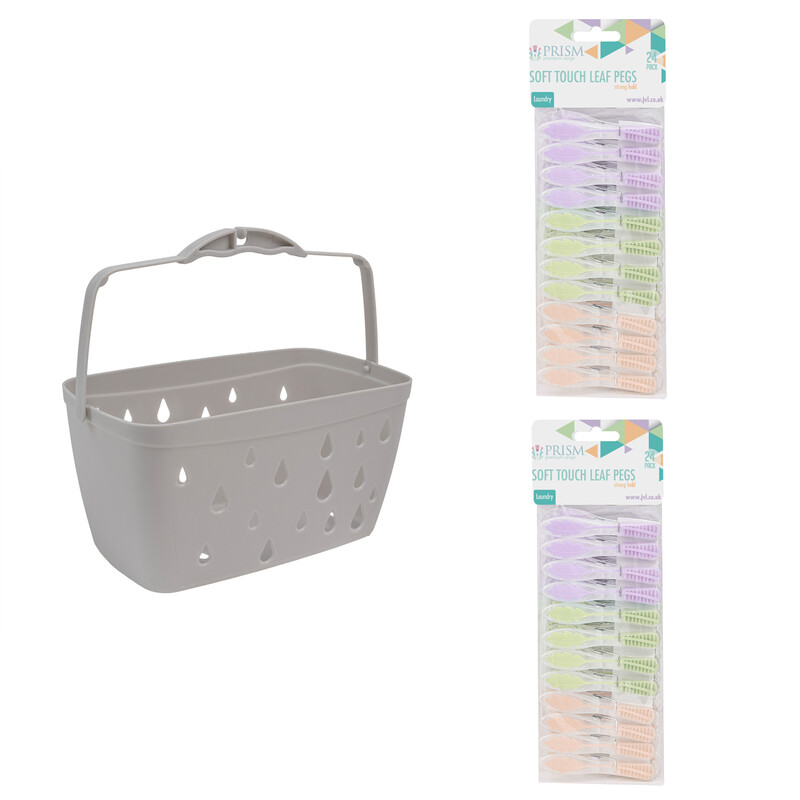 JVL Grey Peg Basket with 48 Soft Touch Leaf Clothes Pegs