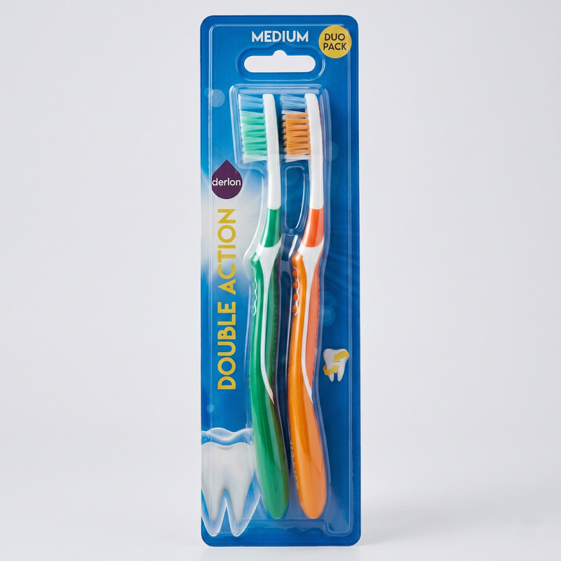 Derlon Tandenborstel Double Action Medium 2 stuks