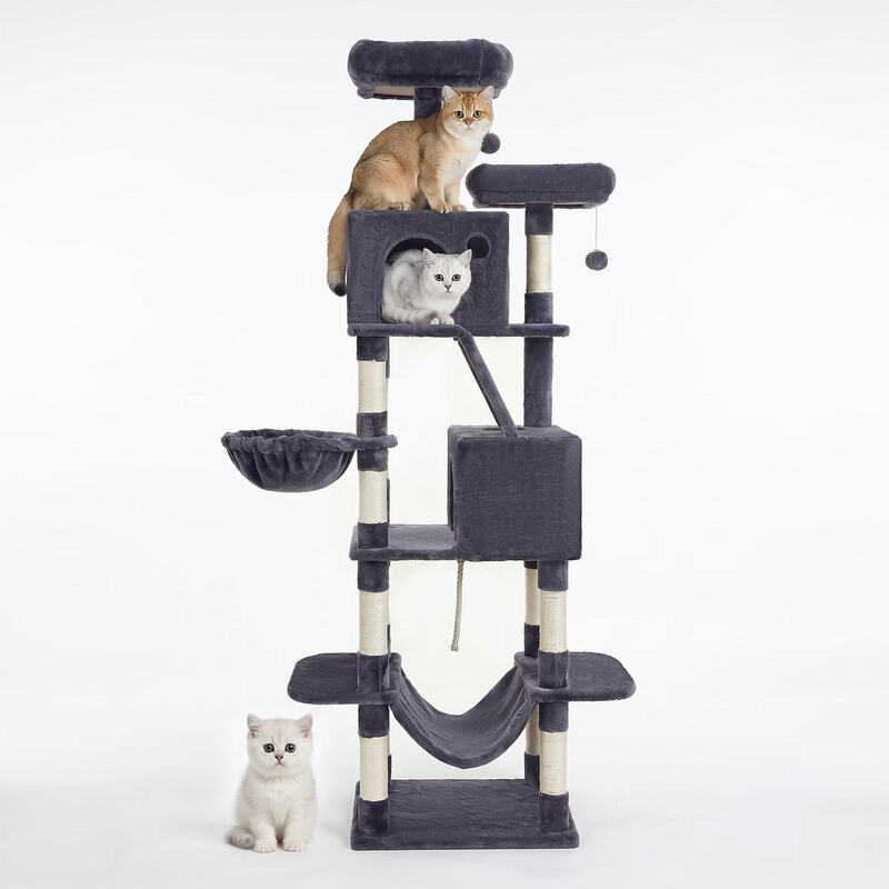 【Terug naar school】 JOYFURNOS krabpaal, 206 cm grote kattentoren met 13 krabpalen, 1 krabhelling, 2 zitstokken, 2 huisjes, mand, hangmat, pompons, pluche kattenhuis met meerdere verdiepingen voor binnenkatten, rookgrijs
