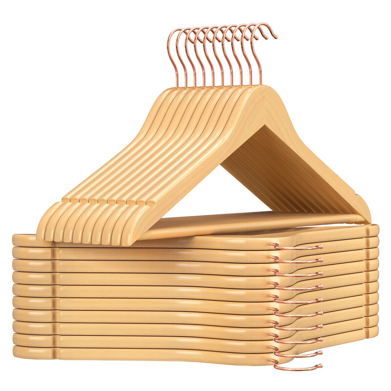 JOYFURNOS Massief houten kledinghangers, set van 20, met schouderuitsparingen, voor pakken, overhemden, jassen, naturel en roségoud