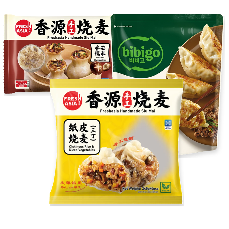 FRESHASIA Papieren vel Siu Mai (3-delig) 240 g + Handgemaakte Shiitake Rijst Siu Mai 300 g + Bippinoko Koreaanse Gegrilde Rundvlees Dumplings 300 g