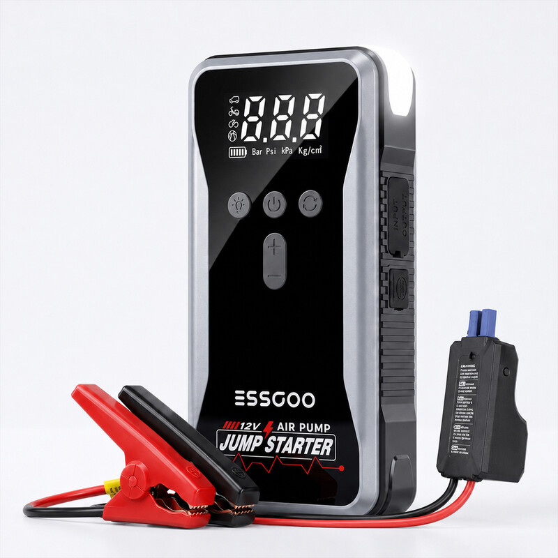 ESSGOO Auto-Batterie Starthilfe, 4-in-1 Booster Powerbank mit Digitalanzeige, 150 PSI Reifenfüller und LED-Licht, 12 V Tragbar