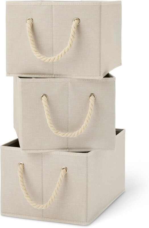 Foldable Storage Bins with Rope Handles, Linen, Pack of 3