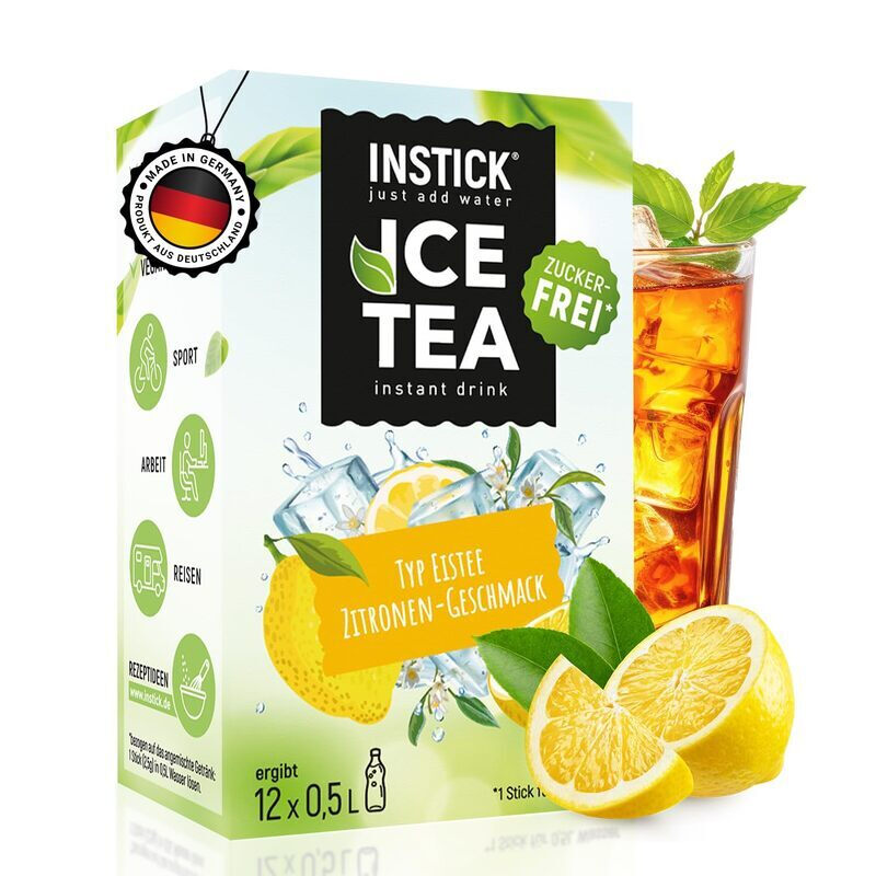 INSTICK Zuckerfreies Instant-Getränk (Eistee Zitrone) - 1 Packung für 12 x 0,5-1 L- Veganes Getränkepulver Kalorienarm & Vitamin C - Instant-Pulver