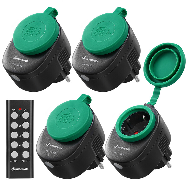 DEWENWILS draadloos op afstand bedienbaar stopcontact 4 stuks 16 A 3680 W waterdicht voor buiten IP44 bereik van 30 m bediening van 1 tot 4 kanalen timerfunctie zwart