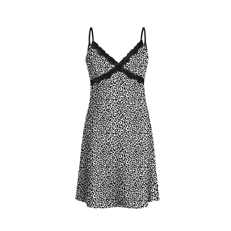 black lace v-neck white leopard-print suspender dress S