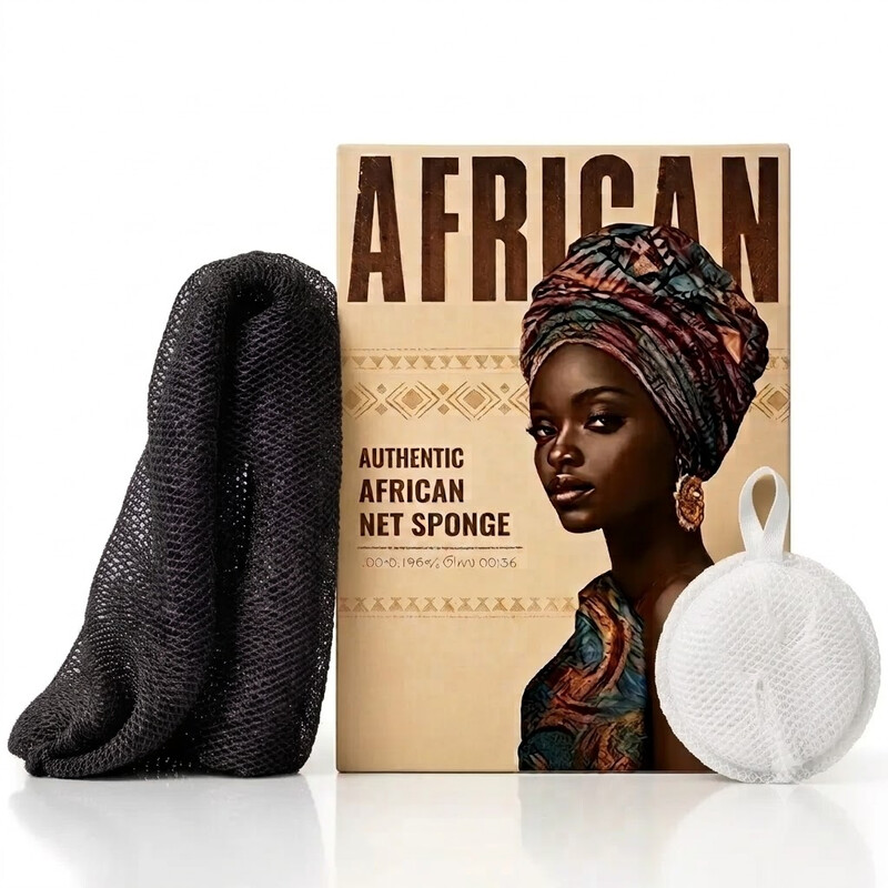 Kit d'Éponges Filet Africaines pour le Soin Personnel 90 g Éponge Noir & Gommage Visage Blanc avec Cordon