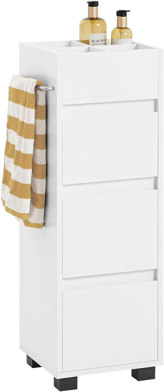 SoBuy Badezimmerschrank – Schmaler Badezimmer- & Toilettenschrank mit 3 Schubladen, 4 Ablagen & Handtuchstange | Kommode für kleine Räume & Nischen | Weiß, 30x90x30 cm, BZR29-W