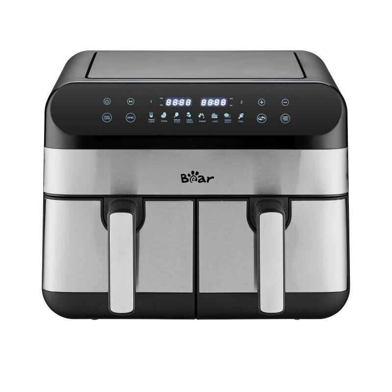 Bear heteluchtfriteuse met dubbele kamer – 9,0 L grote capaciteit, 2400 W vermogen, onafhankelijke temperatuurregeling voor twee mandjes, digitaal aanraakscherm, 8 vooraf ingestelde programma's voor friet, kip, steak, groenten, keukenapparaat voor het gez