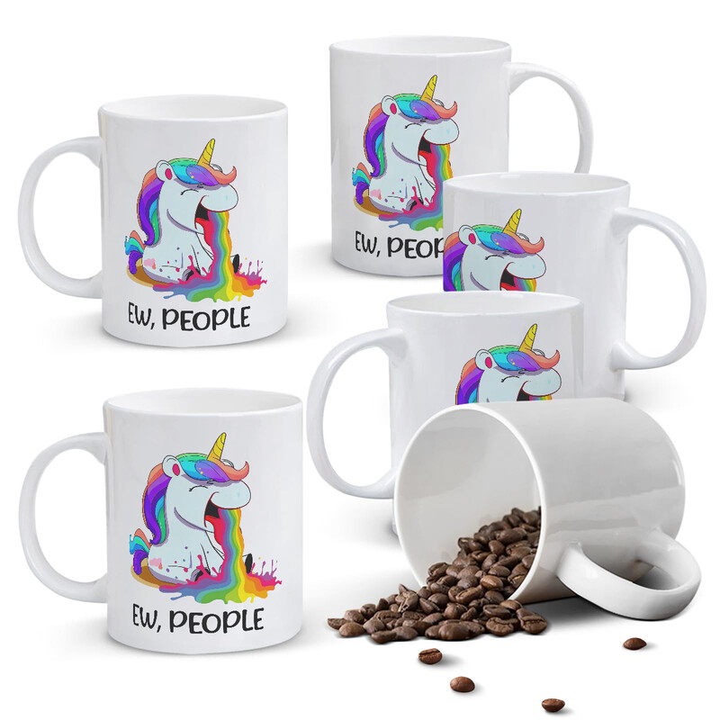 1pc 11oz White Mug with Sassy "EW, PEOPLE" Quote & Rainbow-Spewing Unicorn, Funny Con