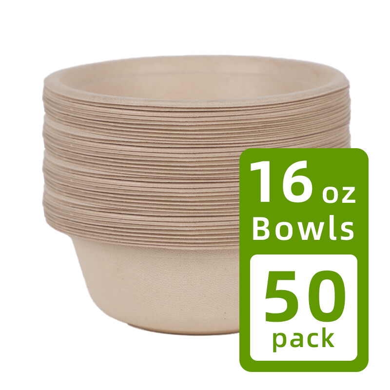 Milieuvriendelijke wegwerp soepkommen van suikerriet, 500 ml, 50 stuks, biologisch afbreekbaar, lekbestendig en warmte-isolerend, papieren kommen voor buiten eten, BBQ en bijeenkomsten (kleur: natuur)