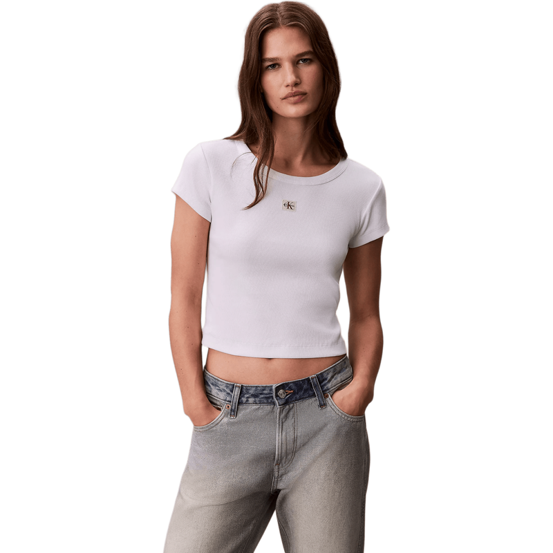 Calvin Klein Women's Woven Monologo Rib Baby Tee - Bright White