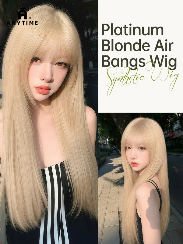 ANYTIME Lang Gelaagd Synthetisch Haar voor Dames, 24 Inch Platina Blond Koreaanse Kpop Idol Stijl Rechte Haarpruik met Air Bangs, Hittebestendige Natuurlijk Uitziende Zijdezachte Haarpruik voor Dagelijks Gebruik, Feest en Cosplay