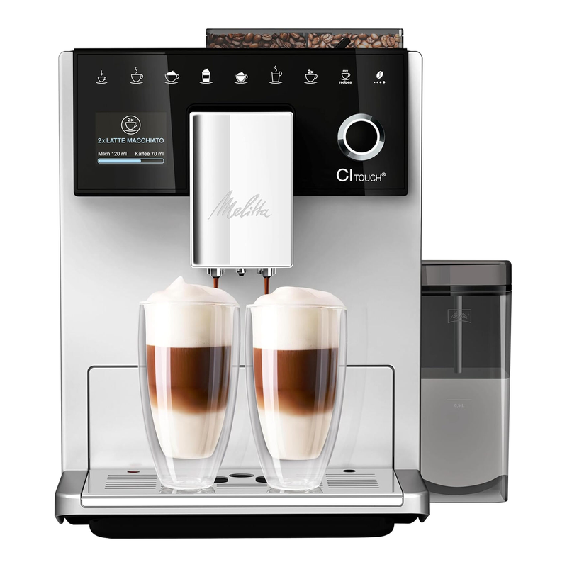 Melitta CI Touch F630-211 volautomatische koffiemachine voor koffiebonen met geïntegreerde molen en melksysteem, 10 dranken, dubbele-kopfunctie, zilver
